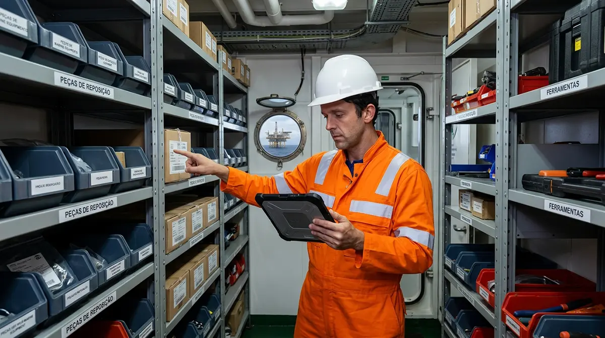 Almoxarife realizando controle de estoque e suprimentos em navio offshore.