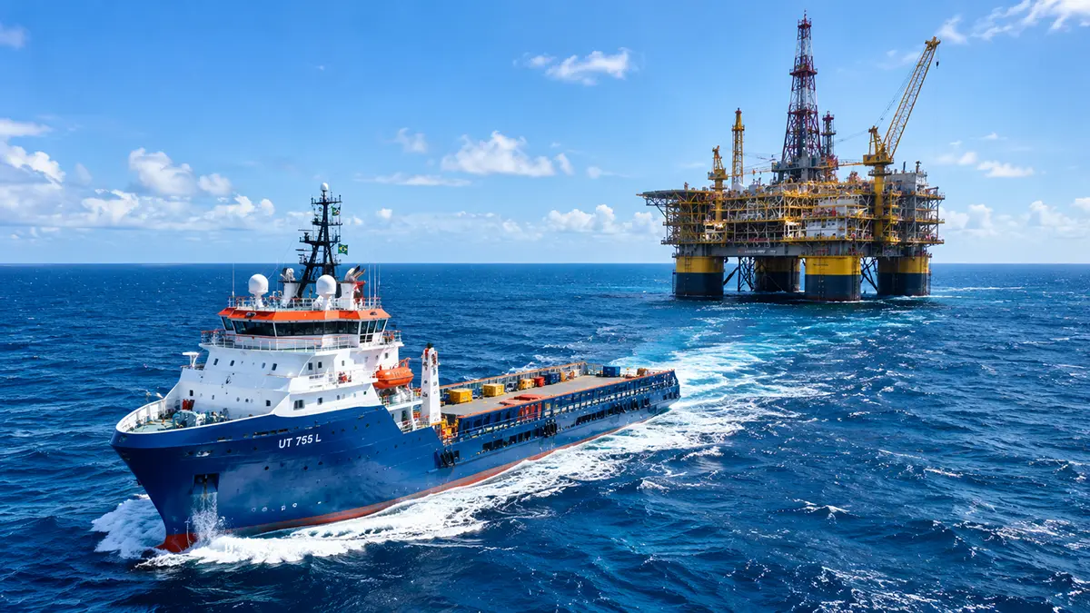 Embarcação de apoio marítimo prestando serviços de logística para plataforma offshore.