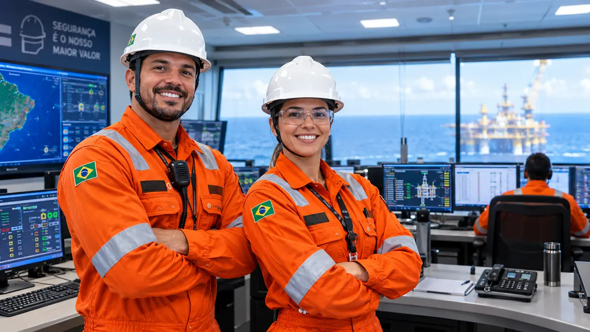 Profissionais equipados com EPIs preparados para atuar em empresas do setor offshore em Macaé.