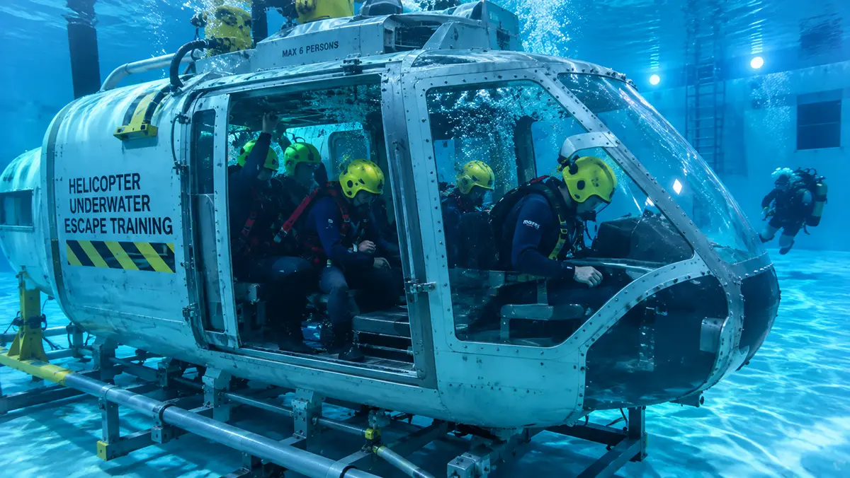 Simulador de escape de helicóptero submerso utilizado no curso HUET para mercado offshore.
