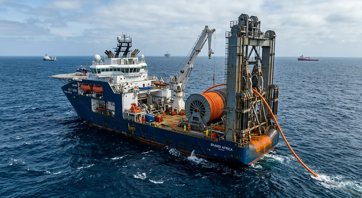 Embarcação de apoio marítimo PLSV realizando lançamento de dutos submarinos.