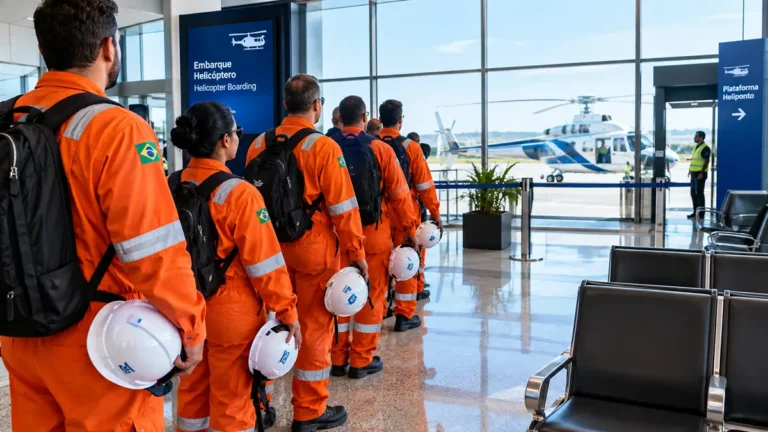 Trabalhadores aguardando embarque para plataforma no Aeroporto de Macaé.
