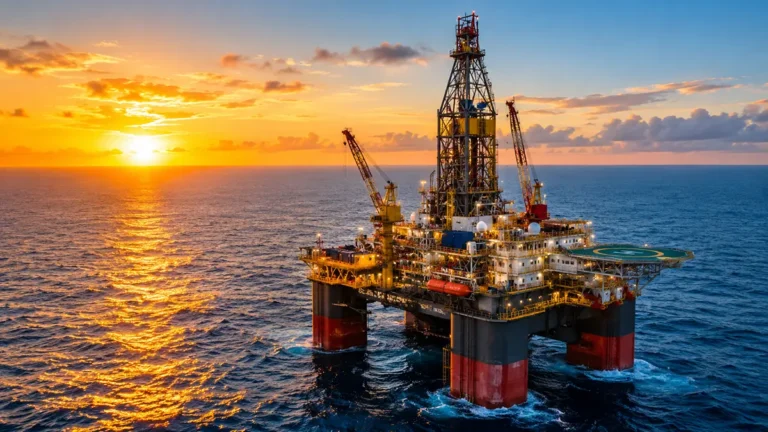 Plataforma e sonda de perfuração offshore operando na Bacia de Campos em Macaé.