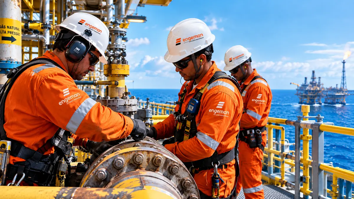 Trabalhador offshore de capacete e macacão de proteção com logo em plataforma industrial.