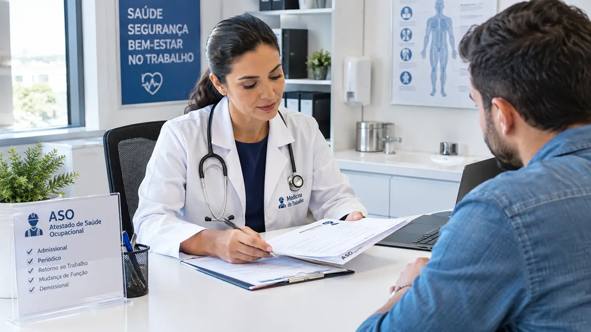 Médico do trabalho analisando exames do ASO Offshore em clínica médica em Macaé.