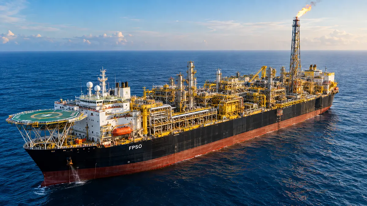 FPSO atuando no processamento e armazenamento de petróleo na Bacia de Campos.