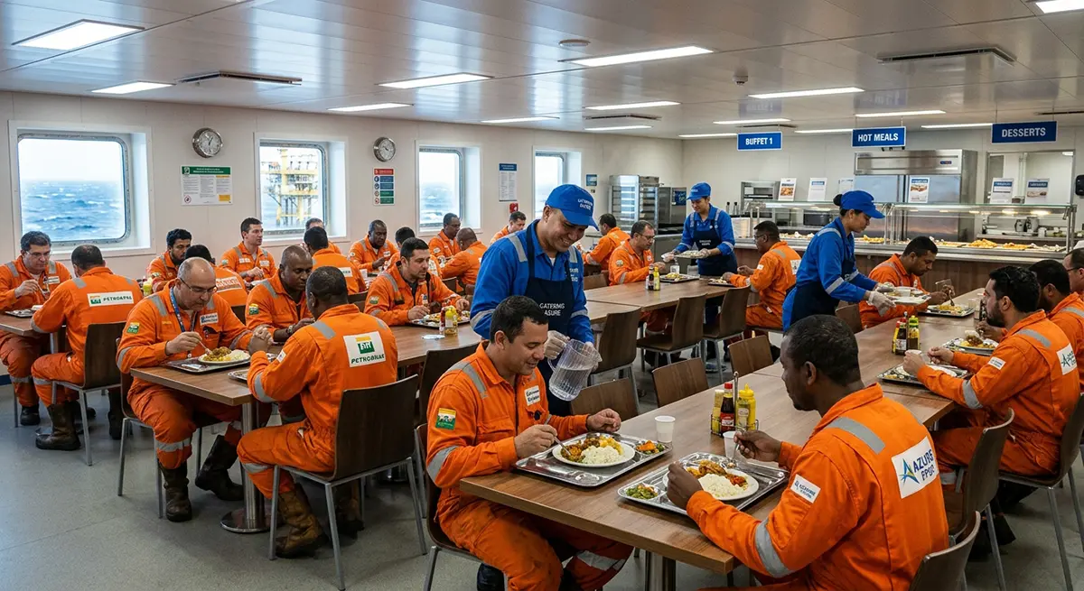 Refeitório de plataforma offshore com equipe de hotelaria atendendo trabalhadores.