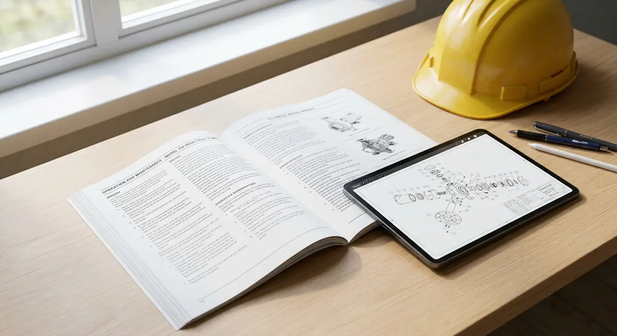 Manual técnico em inglês e capacete de proteção em mesa de trabalho industrial.