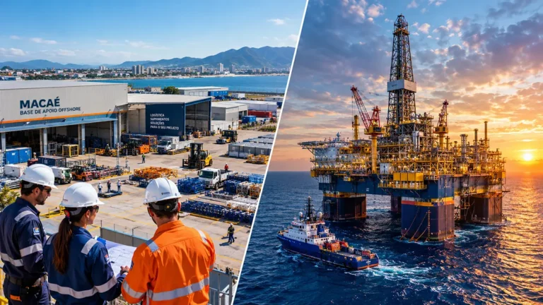 Comparativo visual entre a infraestrutura Onshore em Macaé e uma plataforma Offshore na Bacia de Campos.