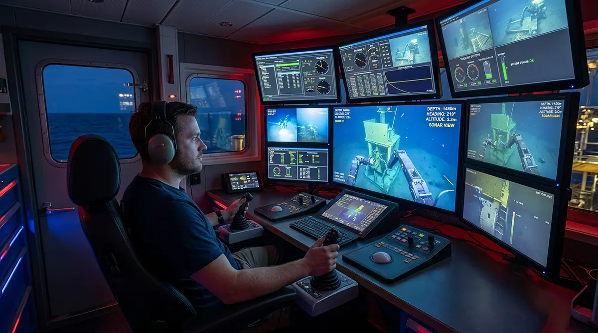 Piloto de ROV operando sistema em inglês em embarcação offshore.
