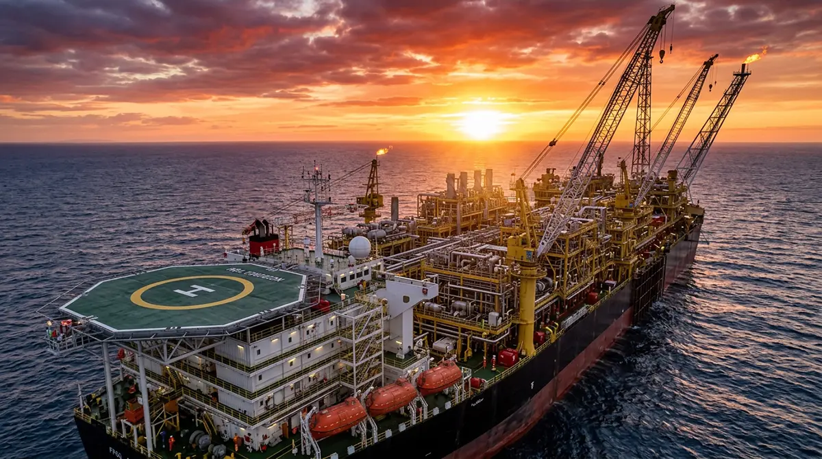 Navio-plataforma FPSO operando em alto-mar na Bacia de Campos.