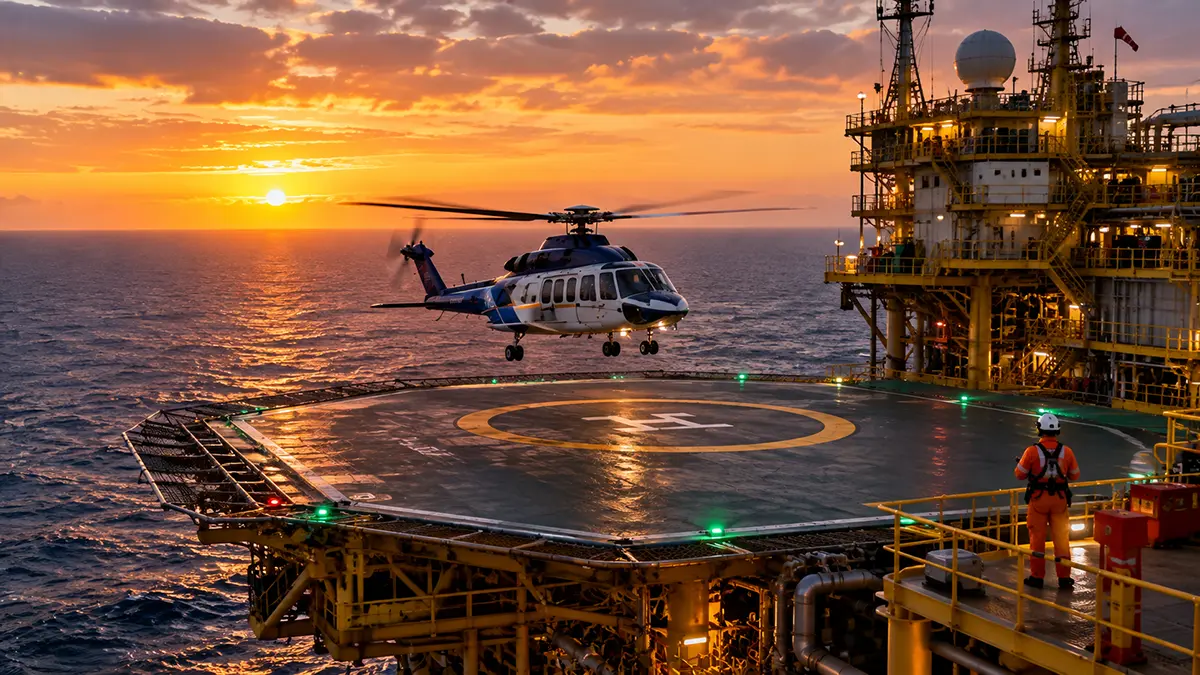 Helicóptero pousando em plataforma de petróleo no regime 14x14 offshore em Macaé.