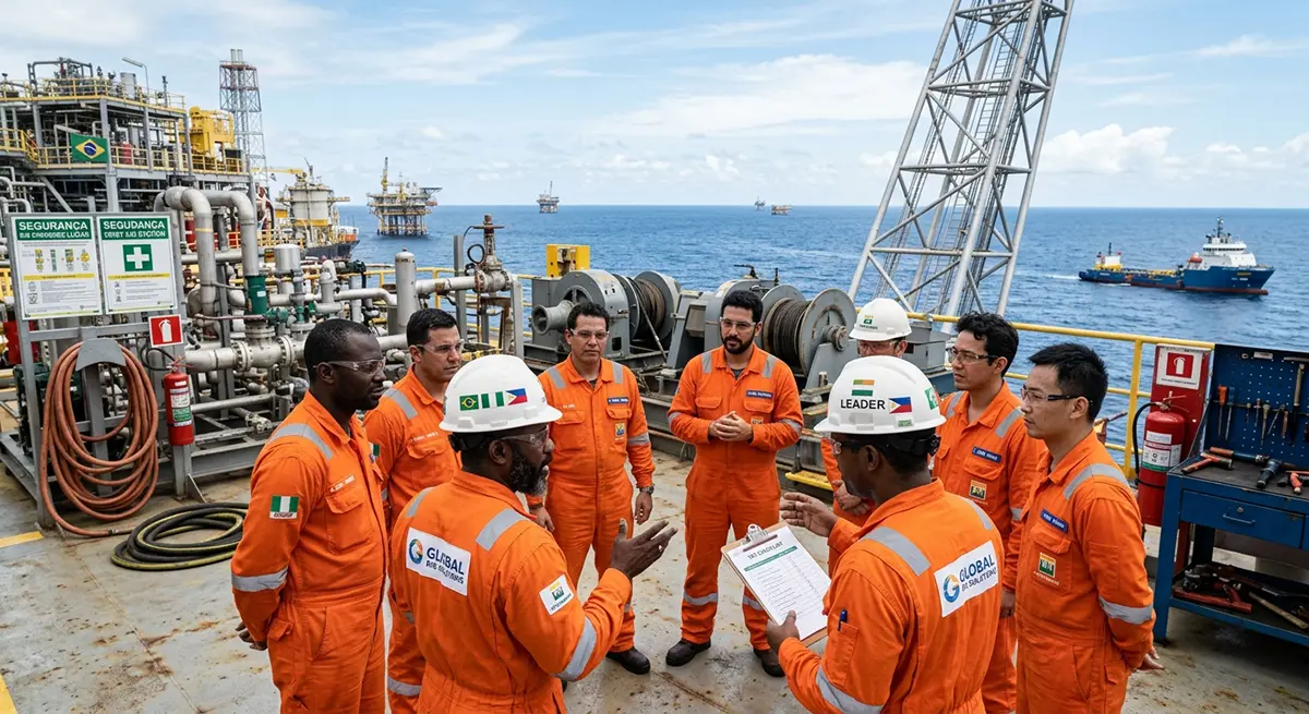 Equipe multinacional participando de reunião de segurança a bordo de plataforma.