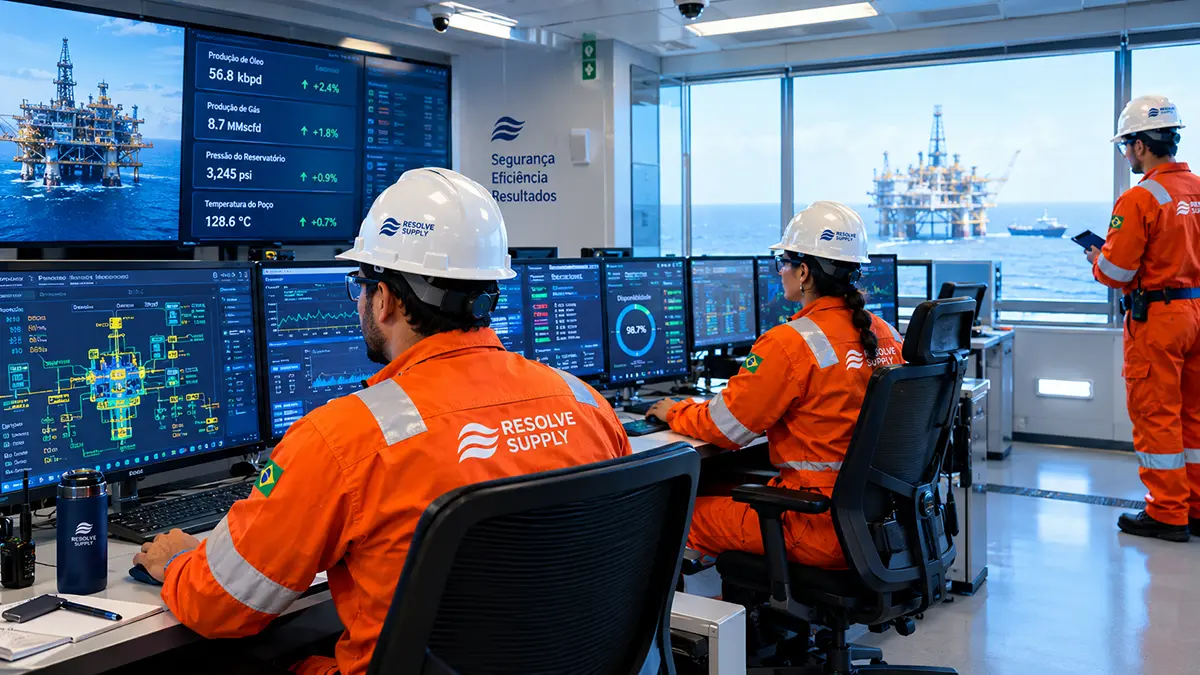 Técnicos trabalhando no turno diurno em sala de controle de plataforma offshore.