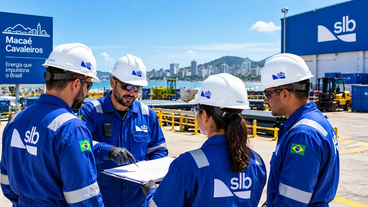 Trabalhadores offshore de capacete e macacão de proteção em operação de campo.