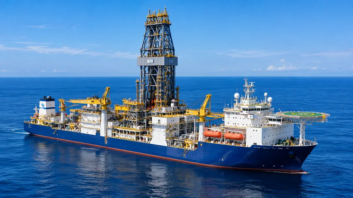 Navio-sonda de perfuração de poços de petróleo operando em águas profundas.