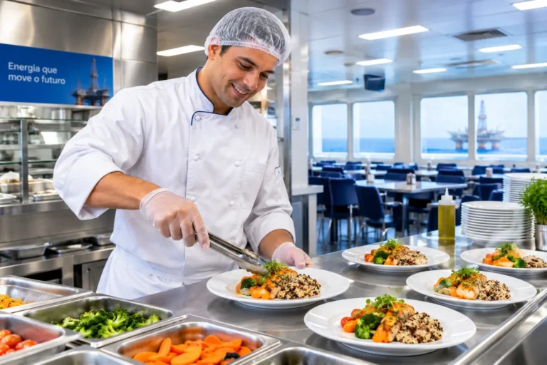 Profissional de hotelaria preparando refeição em cozinha de plataforma offshore em Macaé.