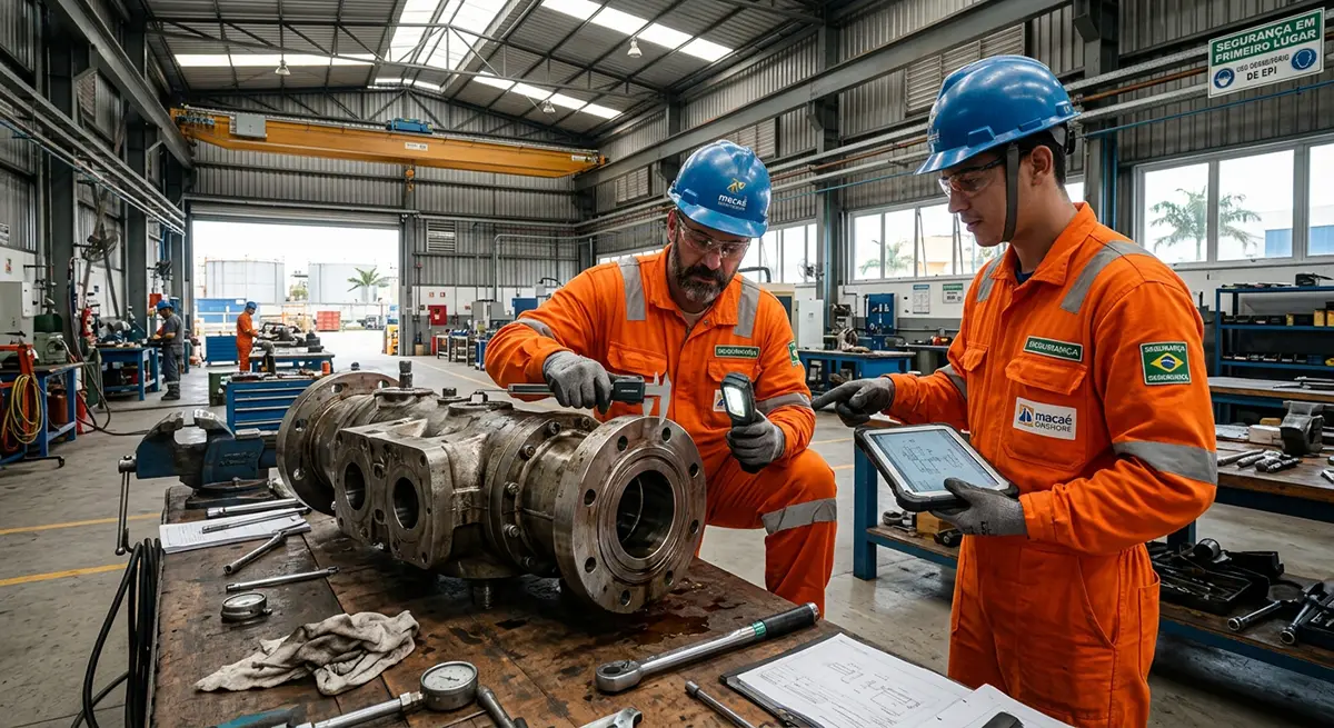 Profissionais trabalhando em uma base de manutenção industrial onshore em Macaé.