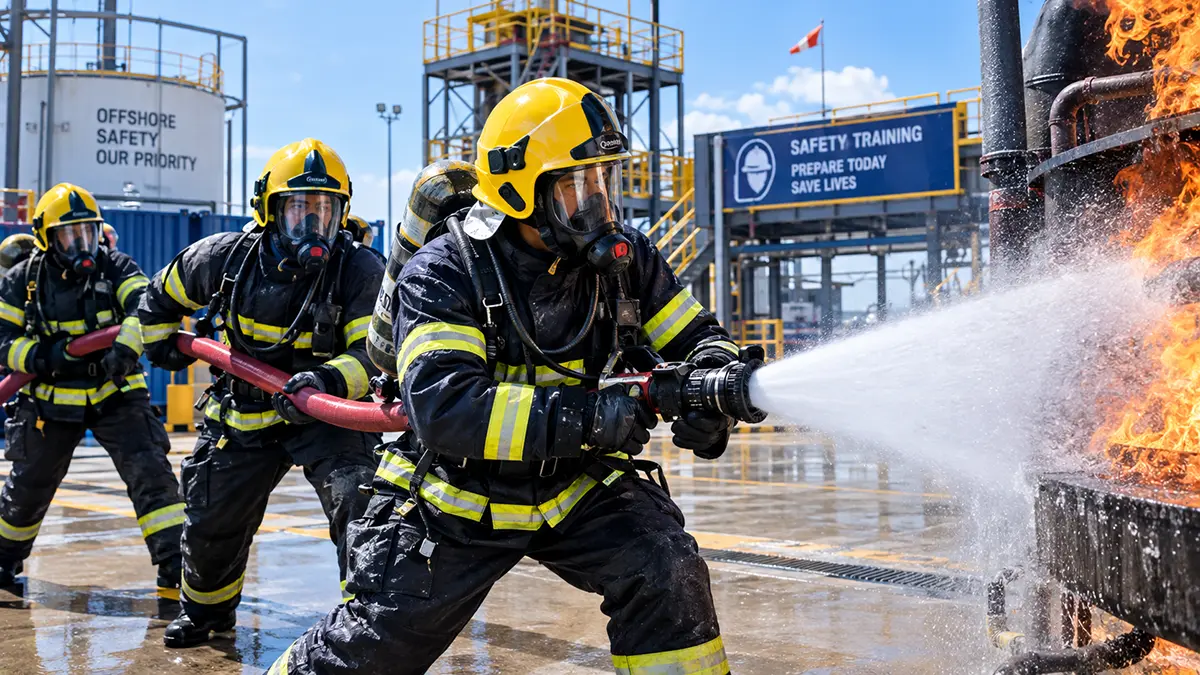 Alunos realizando treinamento prático de combate a incêndio do curso CBSP em Macaé.