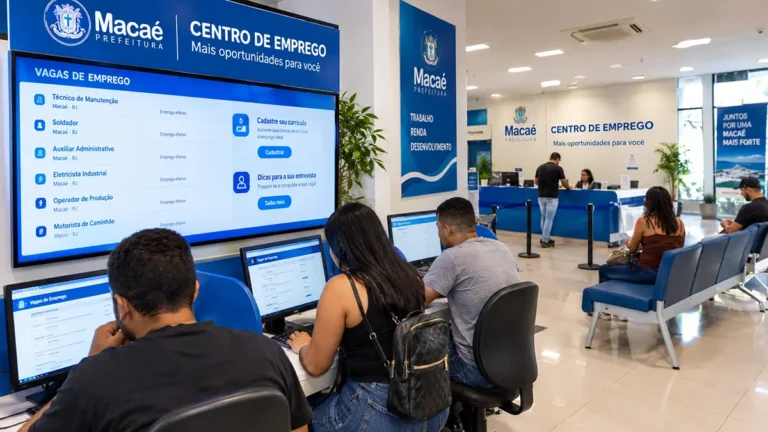 Candidatos consultando o painel de vagas de emprego em Macaé na Central do Trabalhador.