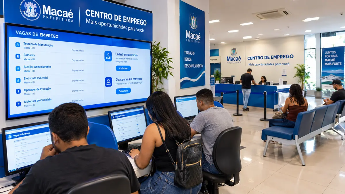 Candidatos consultando o painel de vagas de emprego em Macaé na Central do Trabalhador.