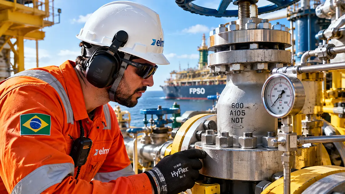 Técnico analisando tubulações operacionais em ambiente de alta periculosidade a bordo de plataforma.