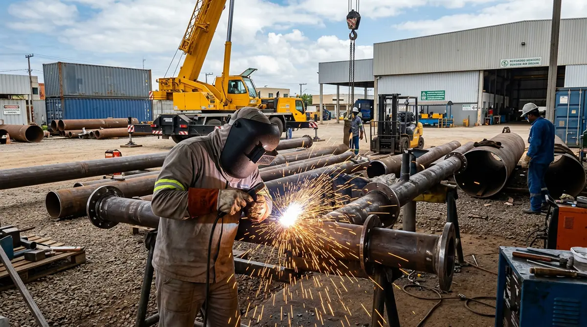 Soldador industrial atuando em manutenção de equipamentos para o setor de petróleo.