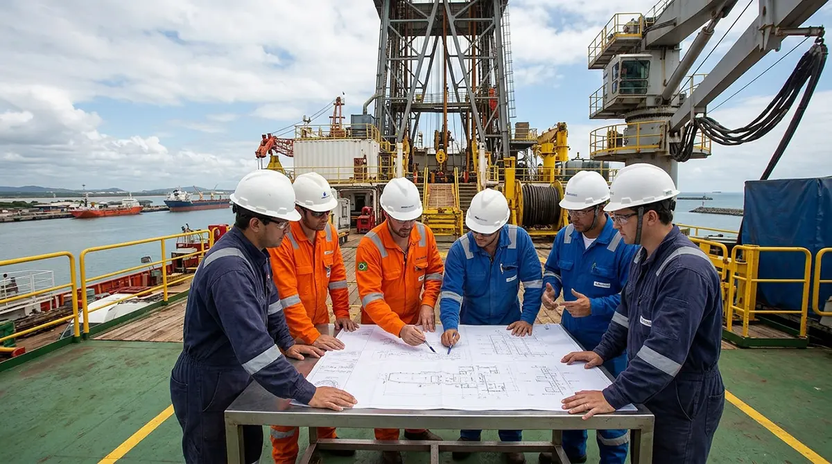 Equipe de engenheiros e operadores trabalhando em ambiente offshore na Bacia de Campos.