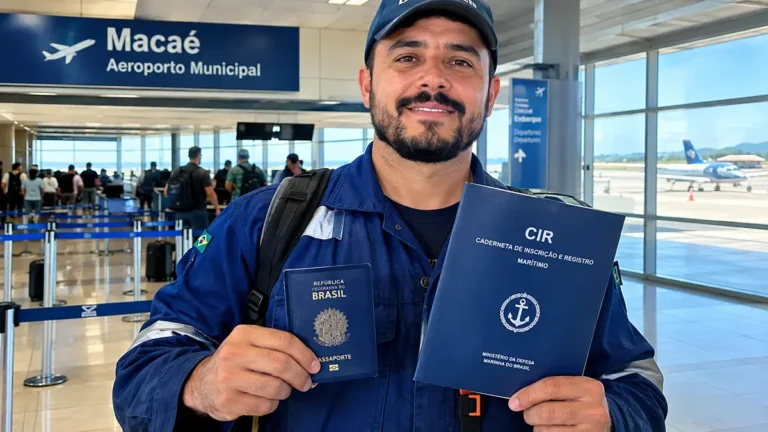 Trabalhador segurando passaporte e documentos de embarque offshore no aeroporto.
