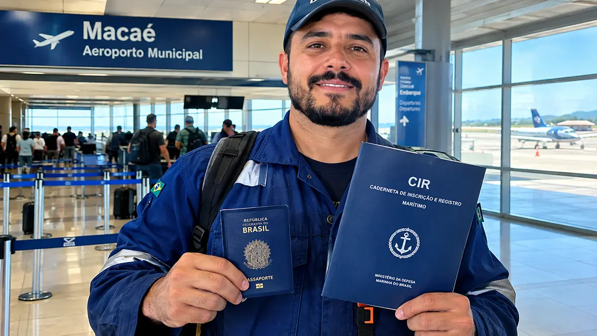 Trabalhador segurando passaporte e documentos de embarque offshore no aeroporto.