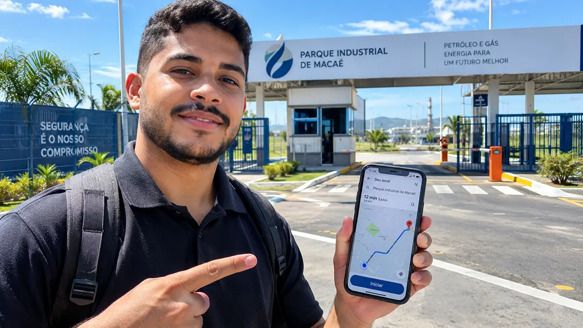 Candidato consultando mapa de localização para entrevista em polo industrial de Macaé.