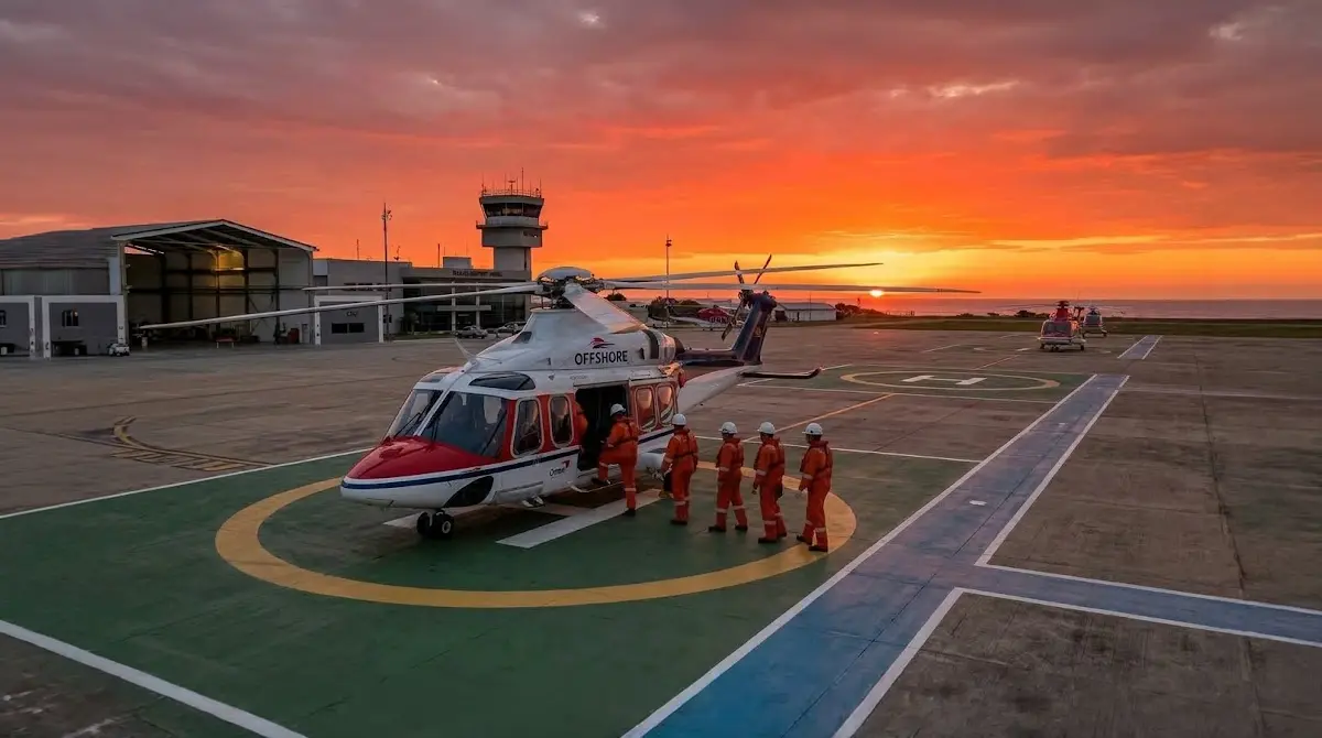 Helicóptero de transporte de trabalhadores offshore no Aeroporto de Macaé.