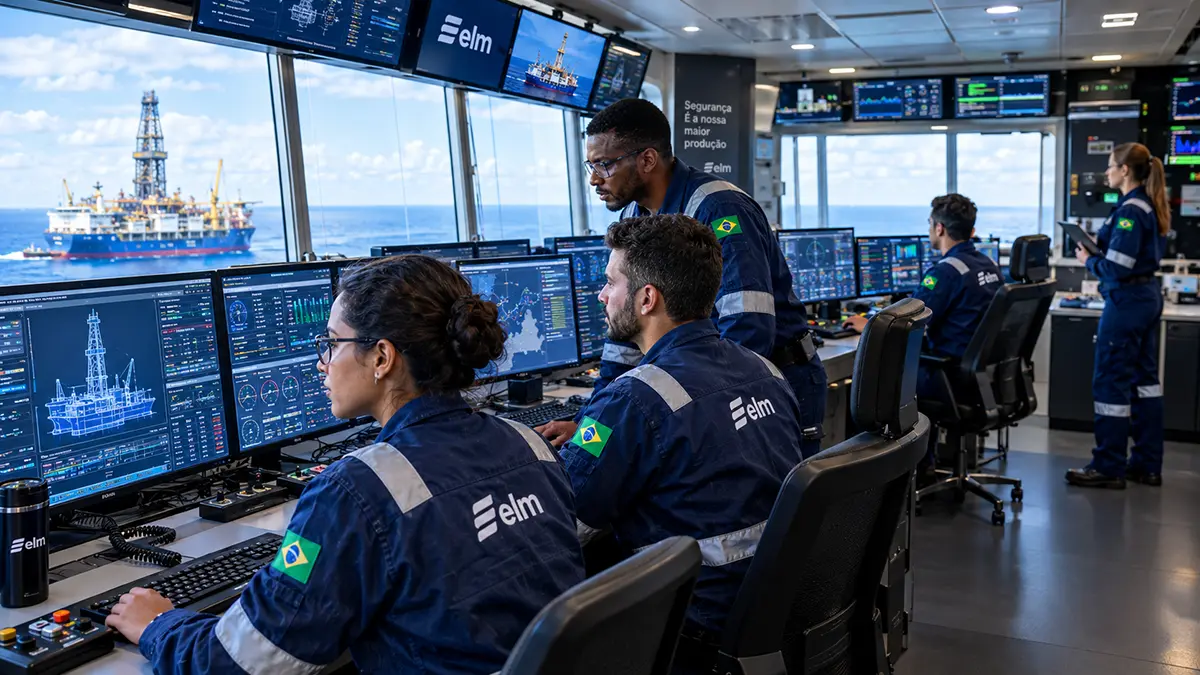 Equipe mista de operadores e engenheiros em sala de controle offshore na Bacia de Campos.
