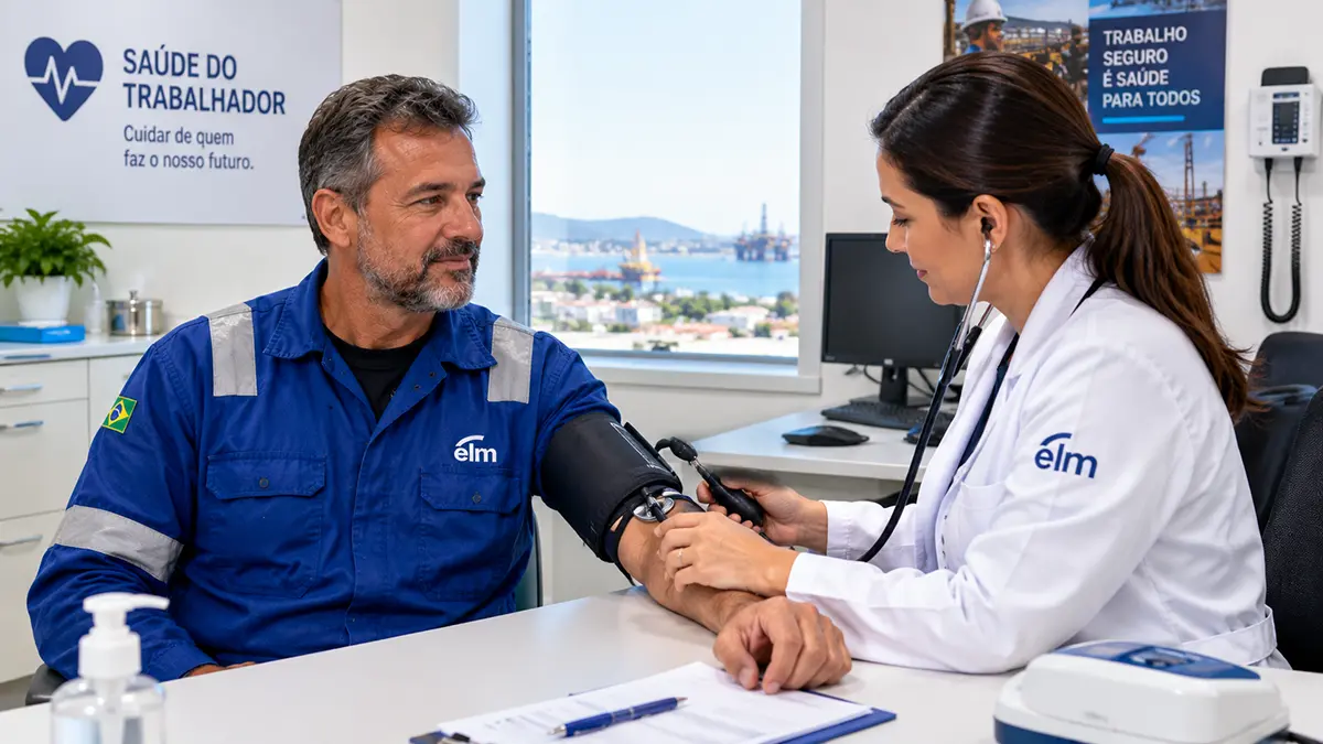 Profissional sênior realizando exame médico ocupacional ASO para embarque offshore.
