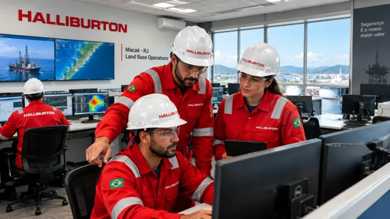 Técnicos e engenheiros com capacetes e equipamentos de segurança em operação industrial.
