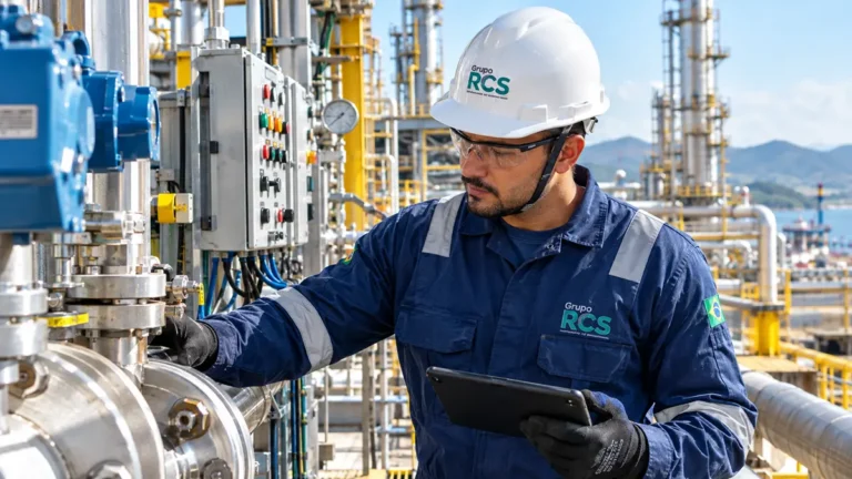 Técnico industrial com capacete de segurança em área de refinaria e plantas de processo em Macaé.