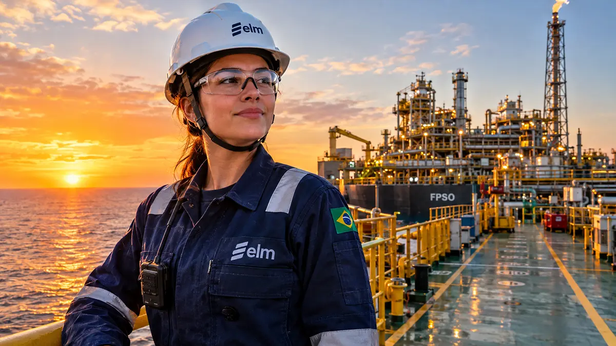 Engenheira offshore trabalhando no convés de um FPSO em Macaé.