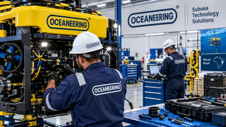Técnicos de ROV e equipamentos subsea trabalhando na base industrial da Oceaneering em Macaé.