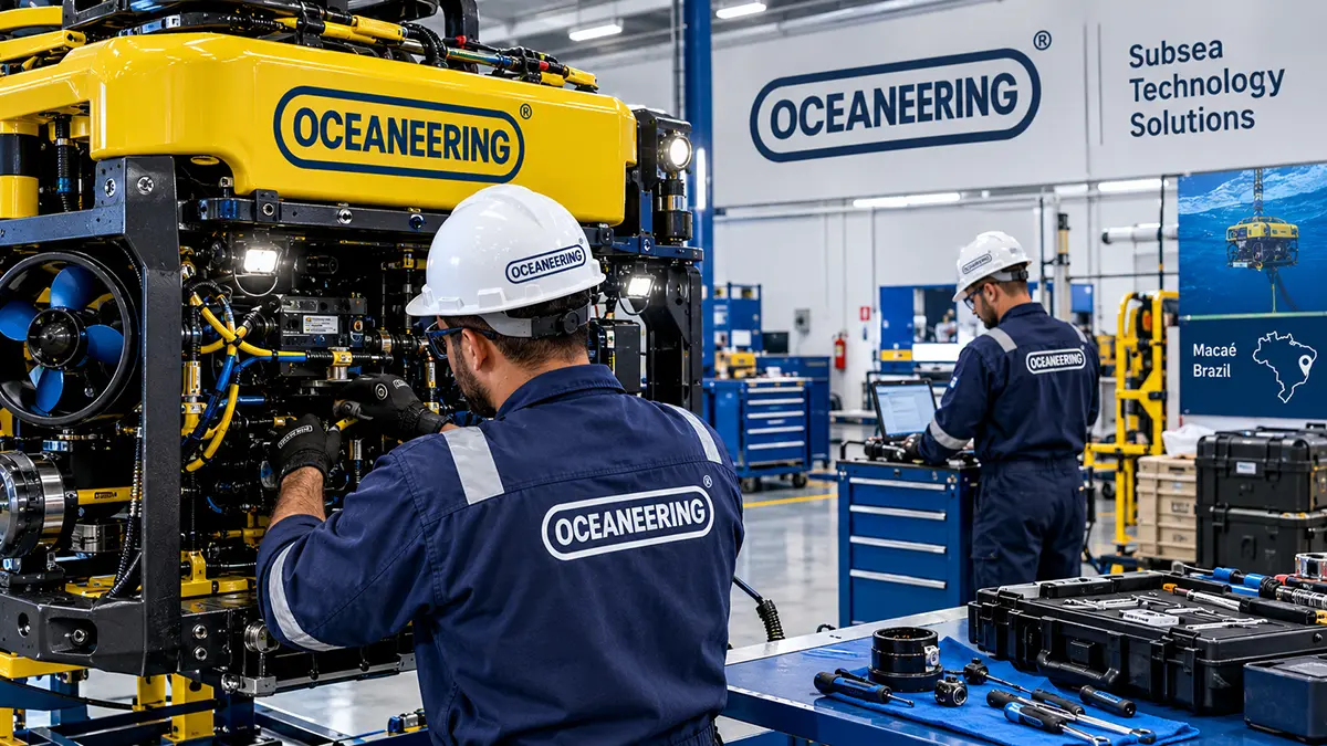 Técnicos de ROV e equipamentos subsea trabalhando na base industrial da Oceaneering em Macaé.