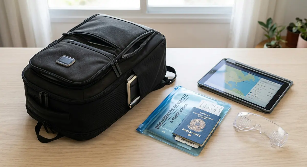 Pasta de documentos e mochila organizada para o embarque na Bacia de Campos.