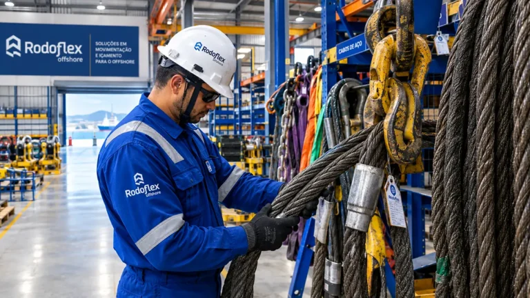 Técnico inspecionando equipamentos de movimentação e elevação de carga offshore em Macaé.