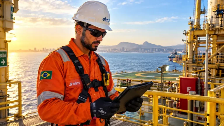 Profissional de petróleo e gás com equipamento de proteção atuando em plataforma offshore na Bacia de Campos em Macaé.