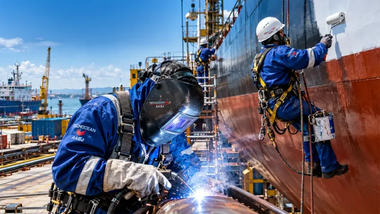 Soldador e caldeireiro industrial executando manutenção na base e offshore.