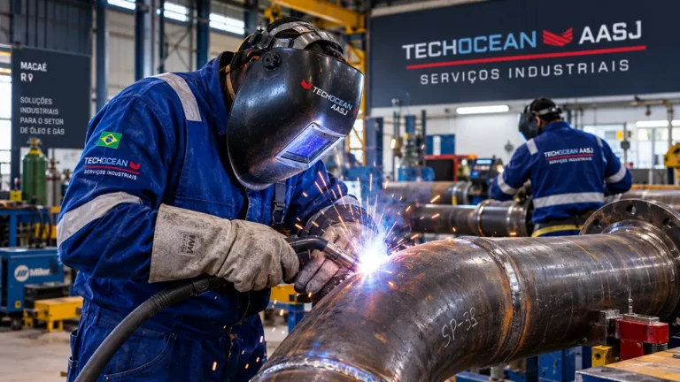 Caldeireiro e soldador executando manutenção e fabricação de estruturas metálicas na base da Techocean em Macaé.