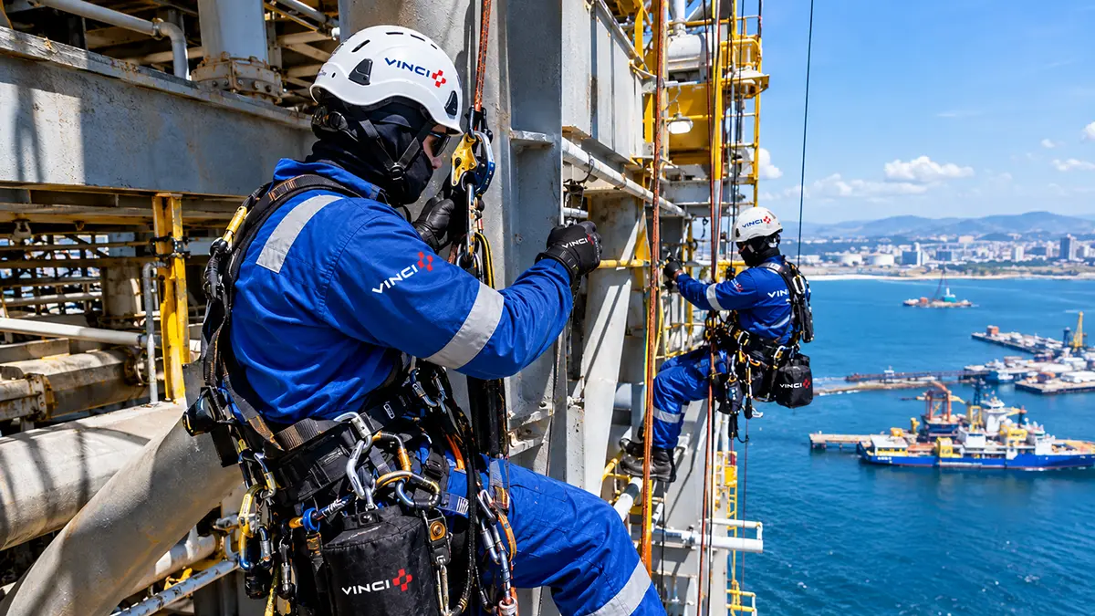 Técnicos de manutenção e escalada industrial em operação para a VINCI Energies em Macaé.